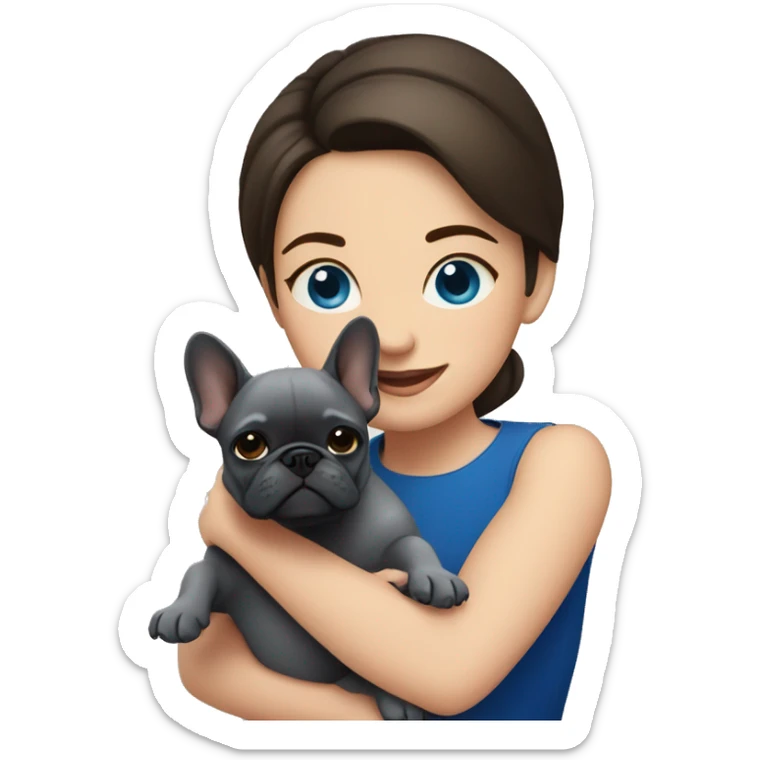 Brunette woman hugging dark gray french bulldog with blue eyes sticker