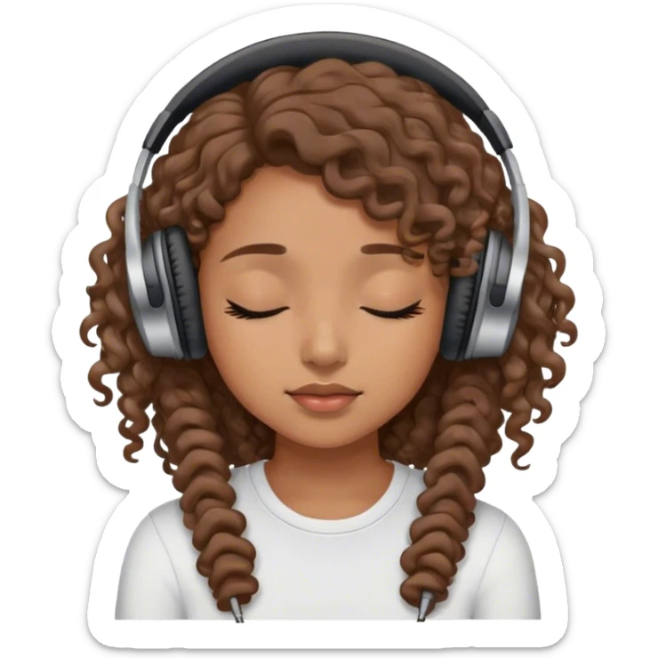 Light brown skin girl, long curly brown flat hair, eyes closed, headphones on listing to music sticker