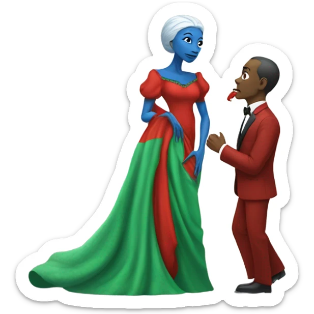 Beatiful tall blue skin female reptilian in red dress, kissing white man in green dress, full figure, full body sticker