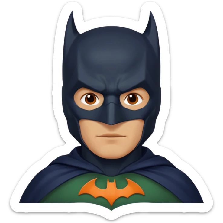 generate a batman emoji with just the face and neck showing and part of the cloak and and wings. Shade the bat logo on the chest in a medium green with a slight olive touch. Shade the mask in dark navy blue. Shade the cloak in a solid vibrant orange.

 sticker