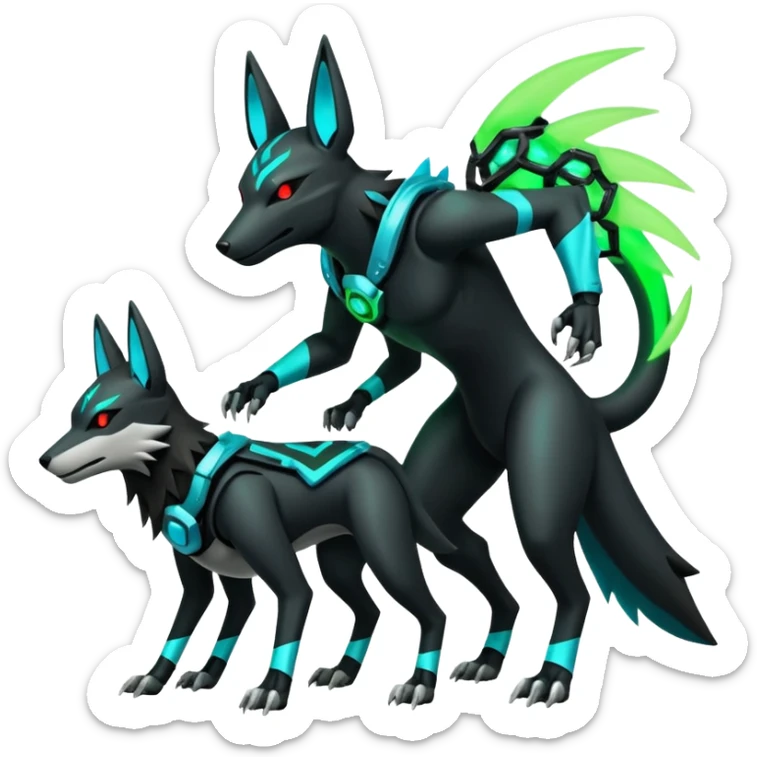 Black and green cyberpunk intricate neon glowing grey white futuristic cyborg-Houndoom-Lucario-Zeraora-Zoroark-Luxray-fusion (full body) sticker