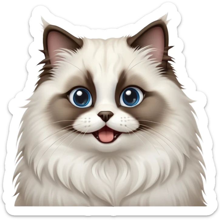 cinematic-adorable-big-eyed-fluffy-dark brown and white seal ragdoll-cat-portrait-emoji,-head-tilted-playfully-with-a-cute,-yawn,-soft-brown pointed seal-and white-colored-fur-with-darker-points-on-the-ears,-simplified-yet-irresistibly-cute-features, sparkling blue eyes sticker