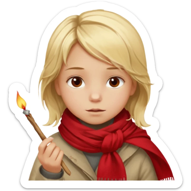 A little girl with messy blonde hair, wrapped in a thin scarf, lighting a match with shaky hands as warm light reflects in her eyes.
 sticker