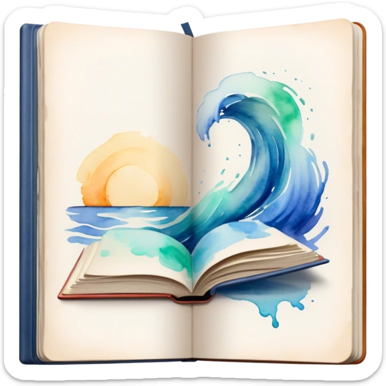 Cinematic Realistic image of an open sketchbook accompanied by a set of translucent watercolors, with delicate pigment stains and soft, flowing brushstrokes, captured under gentle, diffused lighting that highlights creative fluidity sticker