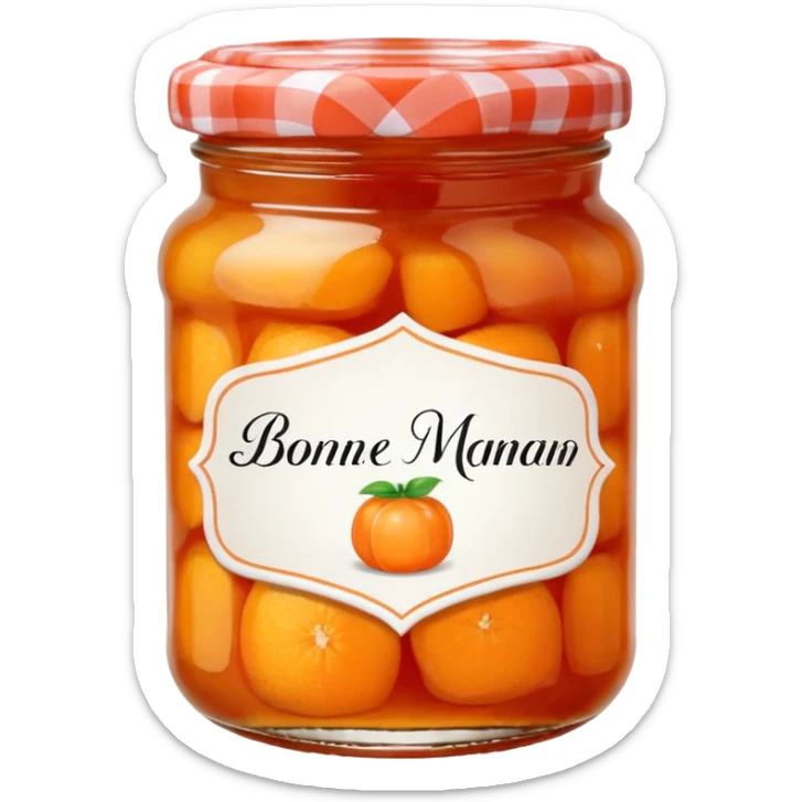Bonne Maman orange marmalade jar, glass jar with red and white checkered lid, orange jam, handwritten label, cute emoji style sticker