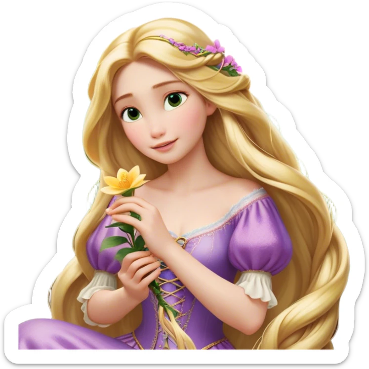Cinematic Realistic Rapunzel Portrait, with porcelain-like skin featuring a subtle, natural glow, illuminated by soft lighting that brings out the gentle contours of her face. Her long, golden blonde hair cascades in detailed waves, each strand highlighted with a radiant shimmer as it catches the light. She playfully holds a flower in one hand, her other hand resting casually in her lap, with a warm and spirited expression. Her bright, expressive green eyes exude curiosity and warmth, framed by delicate lashes and soft, arched brows. She is dressed in her classic lavender and pink gown, the fabric textured with delicate folds that flow naturally, catching the light with a soft, radiant glow. The portrait captures a luminous, enchanting aura, seamlessly blending realism with a whimsical, fairytale charm, evoking a timeless sense of beauty and magic. sticker