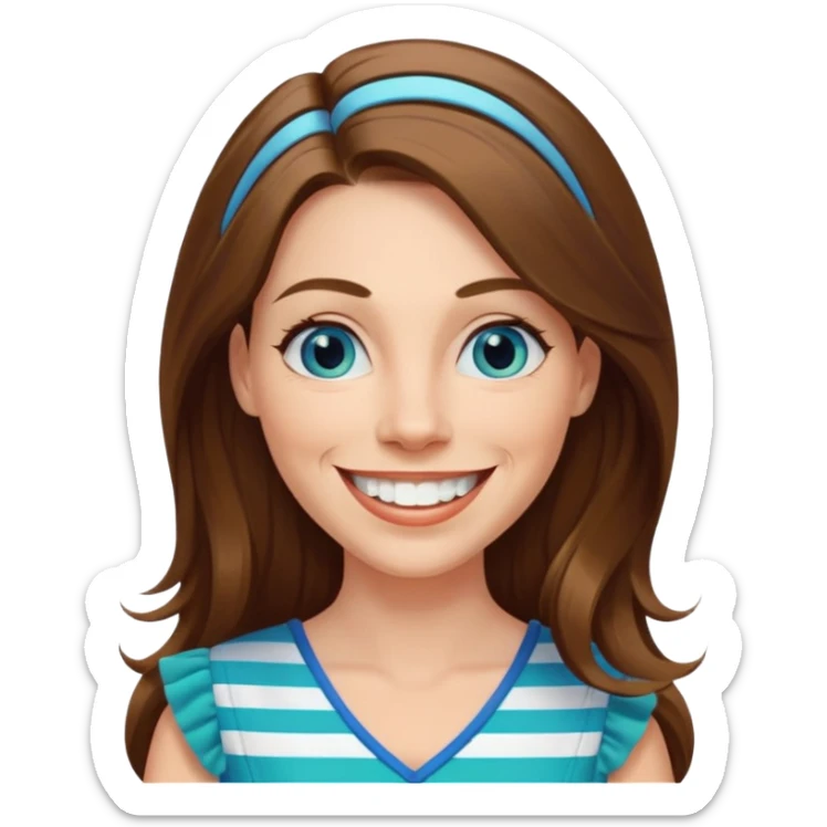 40 yr Caucasian woman, long brown hair parted on side, white stripe in hair, blue green dress ,big smile, white teeth, dimples, blue eyes sticker