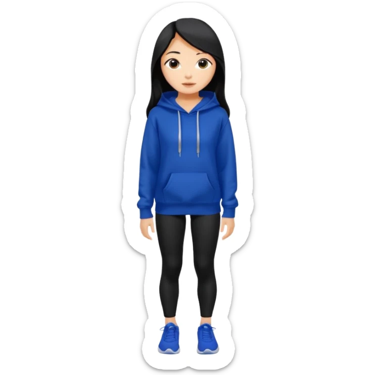 A pretty white/asian tanned girl with medium long strait dark brown almost black hair wearing a royal blue hoodie and black leggings pretty tan sticker
