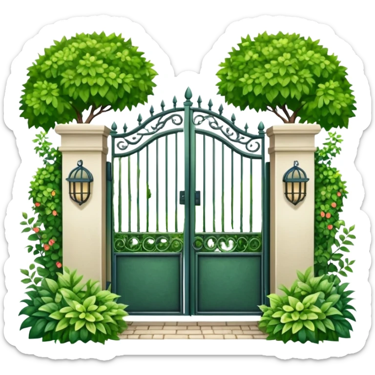 house entrance with iron gate and fence surrounded by lush green plants and bushes sticker