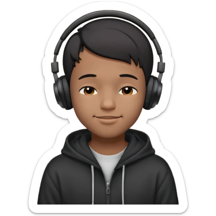 Young Black male, short hair, eyes closed, soft cheeky smile, calm and proud vibe. Dark hoodie, big black over-ear headphones. Focus on face and expression; exaggerate smile and eyes for small emoji size. Background optional. sticker
