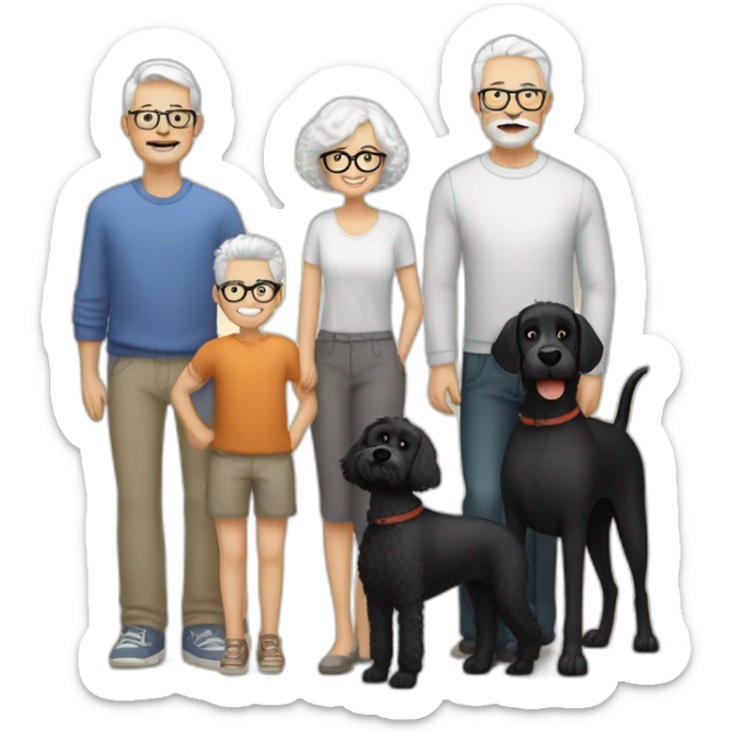 Family mother with glasses and short white hair, dad bolded with beard and moustaches, 3 boys with fair hair, 1 big black dog terrier, 1 dog soft weaten terrier, 1 dog small white poodle sticker