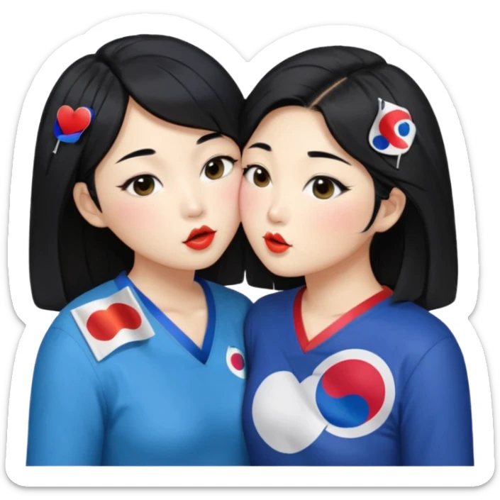 Korean lesbians, kisses and Let them both have black hair, kiss each other, have a lesbian flag on their cheeks, be sweet, dress openly, have open waists  sticker