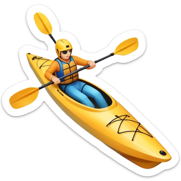 An icon showing a close-up of a sleek kayak with double-bladed paddles gliding through water. Splashes surround the boat as it cuts across a calm surface, symbolizing speed and focus. Transparent background emphasizes the dynamic and personal nature of kayak paddling. sticker