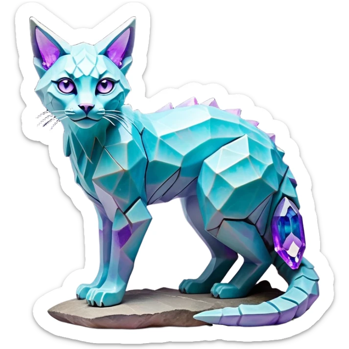 This fascinating hybrid creature combines the rocky ferocity of Boulderbite with the mystical elegance of Etherfeline. The result is a creature with a core body composed of angular, faceted stones in varying shades of turquoise, pink and gray. From the cracks between these stones emanates a soft blue ethereal glow. It has the general shape of a feline, but with crystalline rock formations creating its limbs and body. Its large, expressive eyes feature purple irises with amber outer rings, giving it a hypnotic gaze. The creature sports pointed ears lined with purple crystal formations, and a tuft of blue flame-like energy flows from its head and along its spine. Its tail is a flexible chain of smaller rocks wrapped in the same ethereal blue energy. When it opens its mouth, sharp crystalline teeth are revealed, though its expression is more mysterious than threatening. Small whisker-like energy tendrils extend from its muzzle, occasionally emitting tiny ice crystals. full body sticker