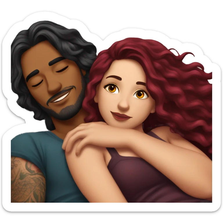 Beautiful tattooed burgundy long haired woman laying on her boyfriends chest sticker