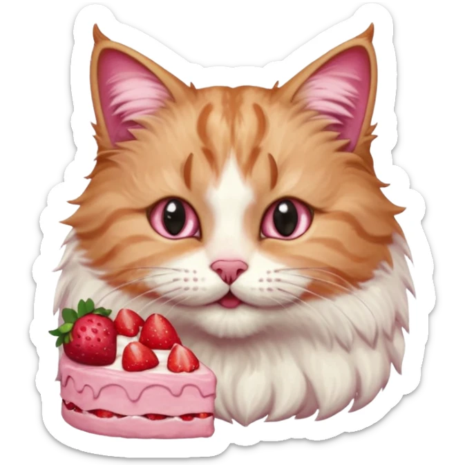 Close-up portrait of a fluffy cat eating a strawberry cake, pink cream on its nose and whiskers, detailed fur texture, soft natural light, shallow depth of field, high resolution, cute and candid moment
, sticker