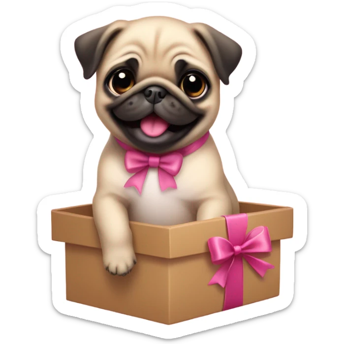 Baby pug with big pink
eyes wearing a pink bow above 1 ear sitting in a gift box  laughing  sticker