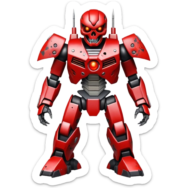 An evil mega zord tech bot with blood and glowing eyes in the style of your bleeding skull art, full body, rushed and worn from surviving the apocalypse, mostly Grey but splattered with blood. sticker