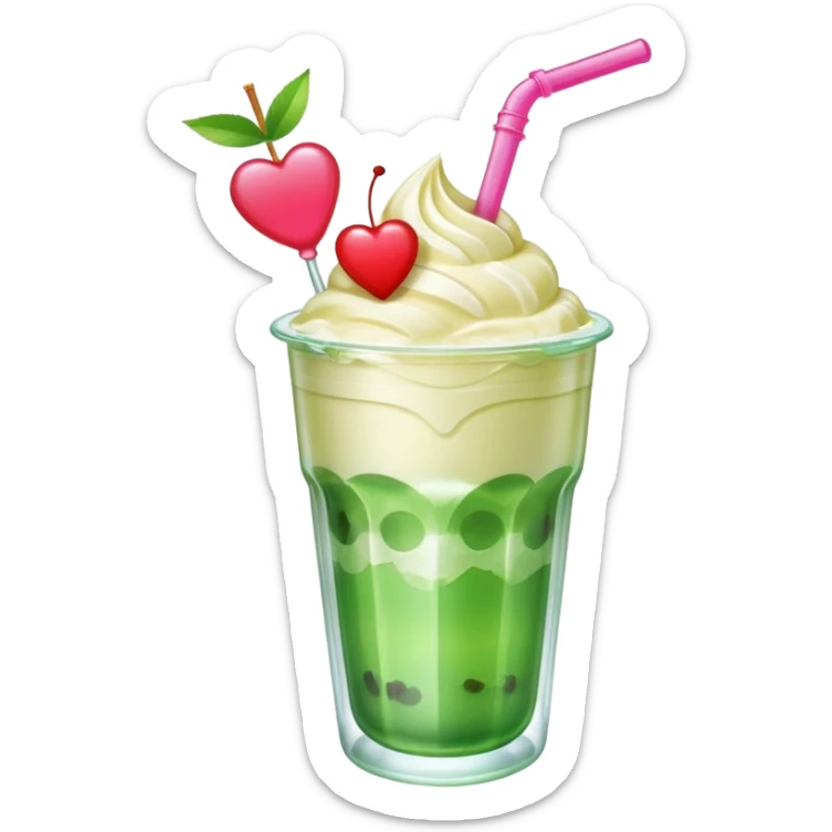 clear emoji-style of a green soda float with ice, vanilla ice cream scoop, two red cherries, pink heart-shaped straw, simple shapes, bright colors, glossy, kawaii style, centered, transparent background
 sticker
