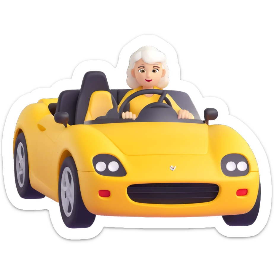 mother with white hair driving a yellow sports car sticker