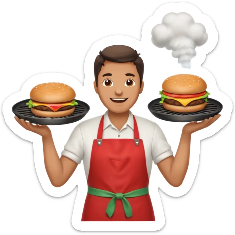 A cheerful man in an apron flipping burgers on a sizzling grill with smoke puffing upward. sticker
