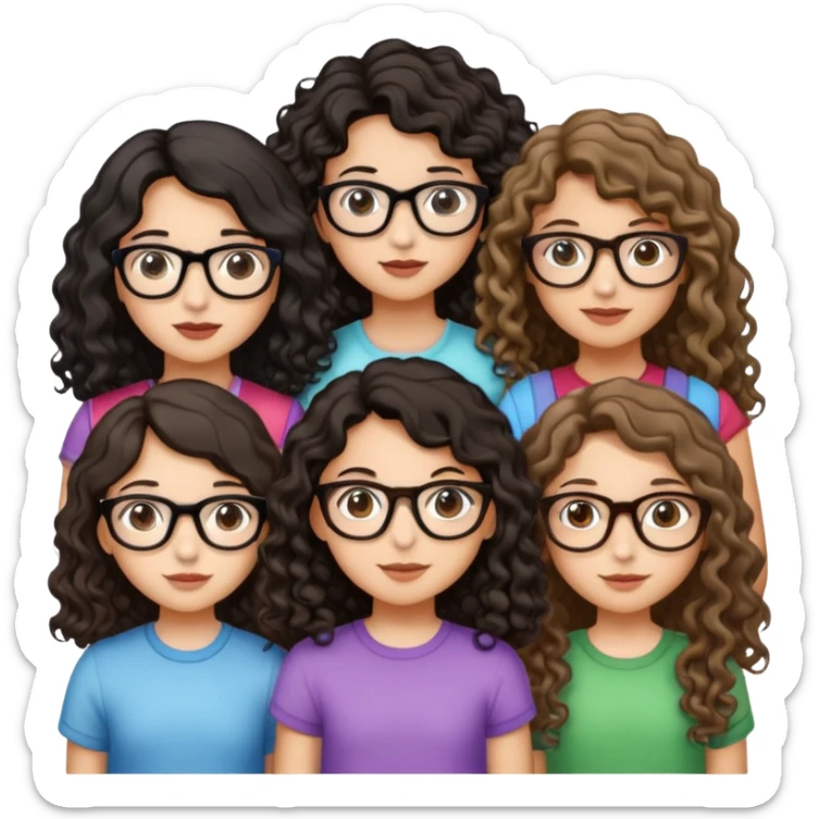 4 girls, one one with very long curly hair, a little brunette with glasses, another with short curly wavy hair, also a little brunette, another who is dark blonde with wavy tips with braces and another with straight light brown hair and glasses sticker
