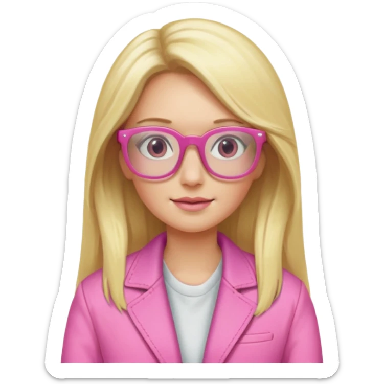 Portrait of Blond woman with long hair, wearing pink jacket and pink glasses sticker