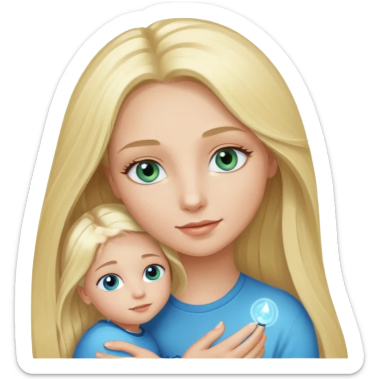 blonde girl with blue-green eyes, lashes, long hair , Holding her little Boy, with light blue eyes  sticker