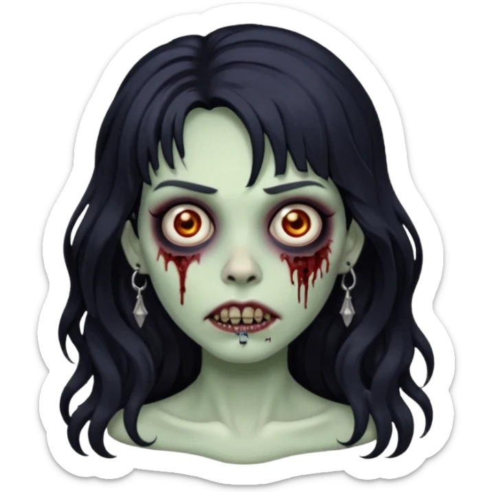 crie um kamoji estilo zumbi (feminina) com o cabelo comprido levemente ondulado e com franja preto, coloque alguns piercing  sticker