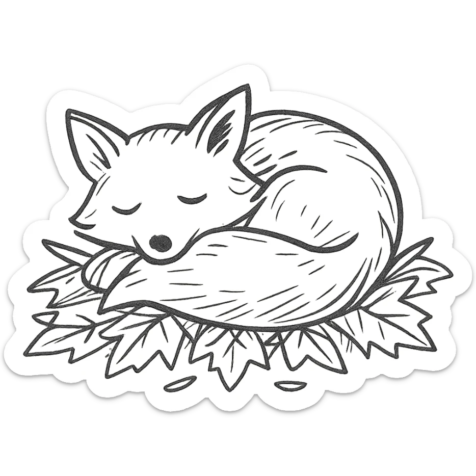 sleepy fox curled up on a pile of autumn leaves, hand-drawn forest style sticker