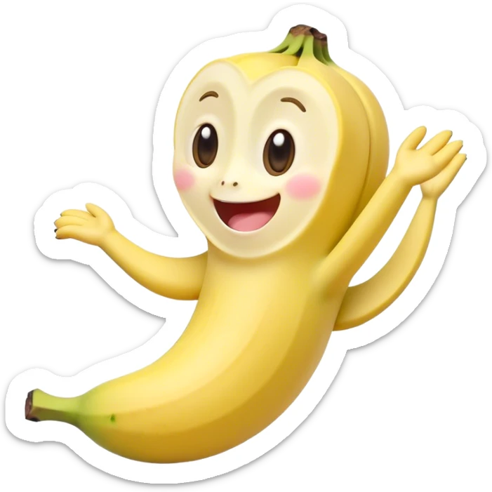 Cute Kawaii Banana, slightly curved, soft pastel yellow, cute giggling face with big round eyes, tiny arms waving happily, a peeled section revealing a smiling expression! sticker