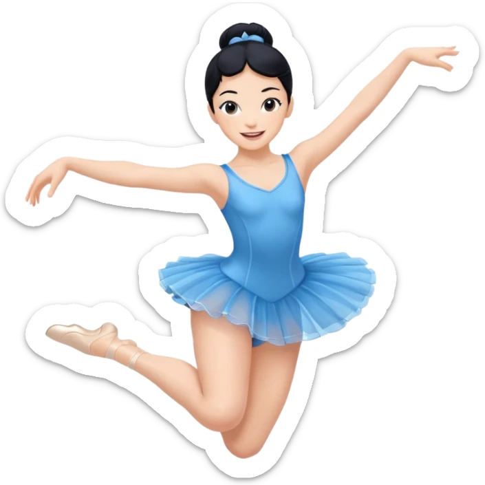 A lively black hair ballerina in a blue outfit, jumping mid-air with a bright smile. sticker