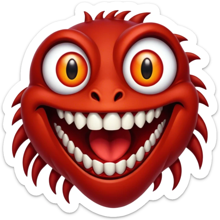 Creature comes out of the eye of a another creature who has red skin and a wide smile with long teeth sticker