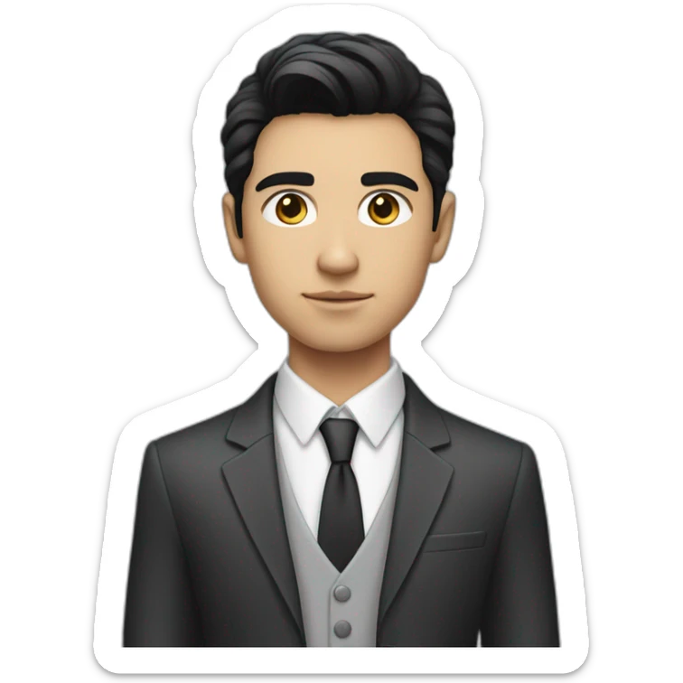 young man with black hair, light white skin colour, business attire, and a focused face sticker