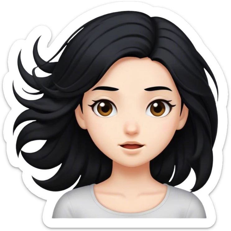 Girl with fair skin and black hair flipping hair to the side sticker