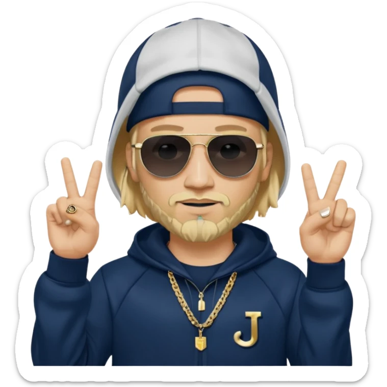 The French rapper Jul. Light skin, trimmed beard, dark navy tracksuit with hood, backwards cap, black sunglasses. Blond hair. both index and middle fingers pointing downward, forming a "J and L" shape. Gold chain and a smirk. Look evoke a Marseille urban vibe. sticker