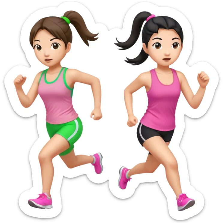 two asian girls ponytail with green tank top and pink tank top running sticker