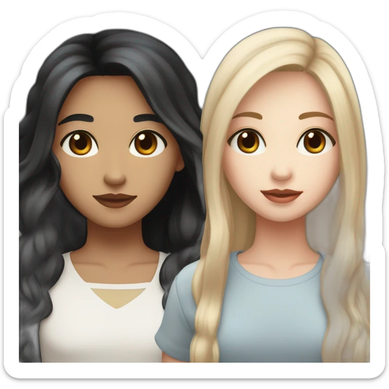 Couple white skin girl with black eyes and light brown long hair with a fish face like dressed in white with white girl with middle length black hair blue eyes very androgynous dressed in red sticker