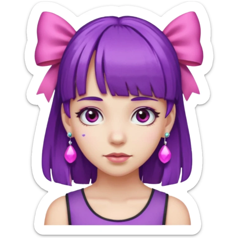 girl with bangs and purple hair and pink hairbow on the side of head and earrings sticker
