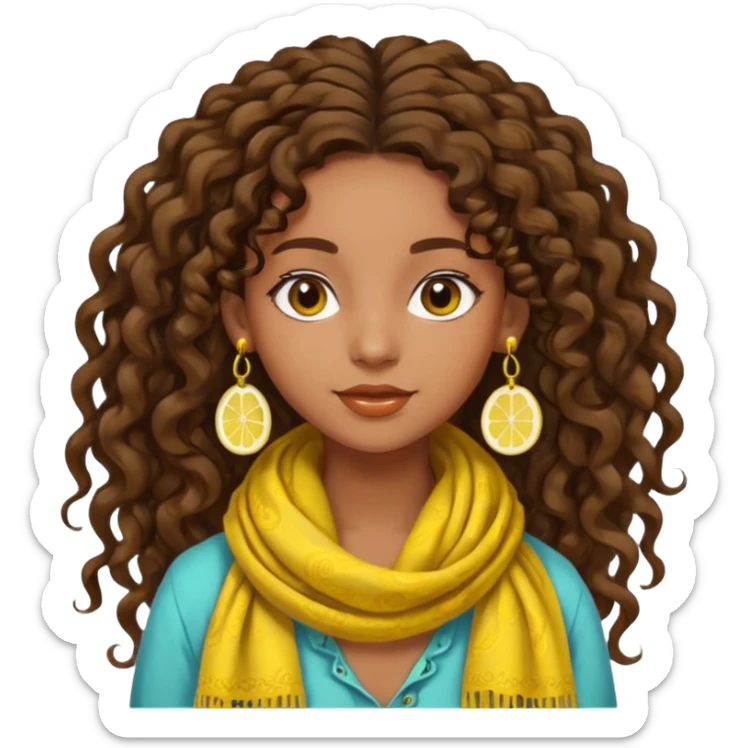 bohemian girl, brown skin, long curly brown hair tied up high at the back, lemon yellow scarf, round earrings, free-spirited sticker