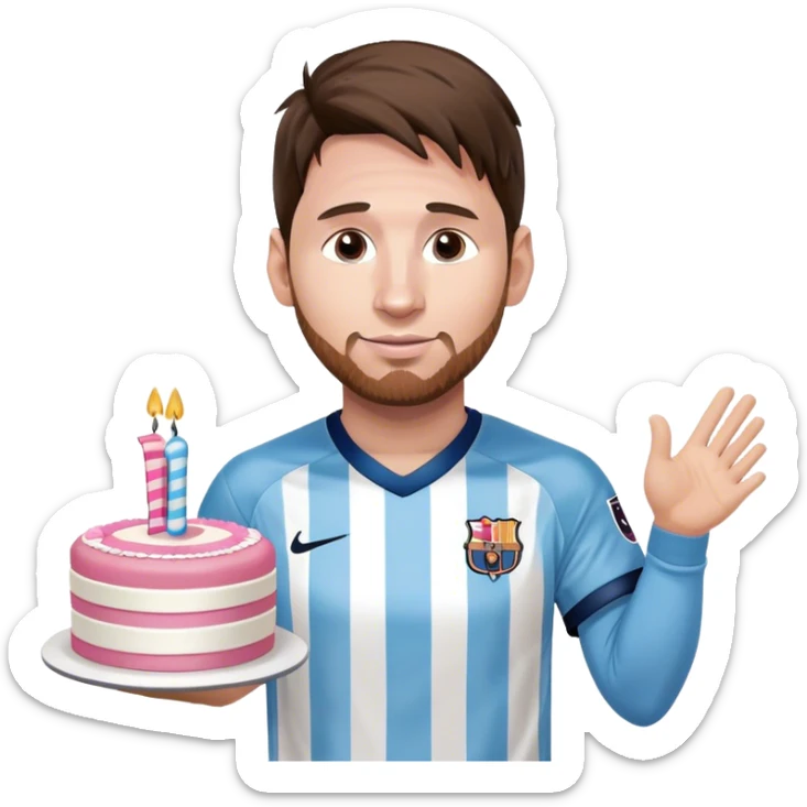 Lionel Messi wearing his white and blue striped jersey holding a pink pretty birthday cake sticker