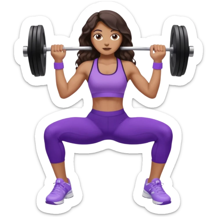 mujer de tez trigueña, con cabello castaño oscuro ondulado con pequeñas ondas, con el cabello super largo hasta las rodillas estilizado, con ropa deportiva morada/lila, tenis blancos deportivos y levantando una pesa sticker