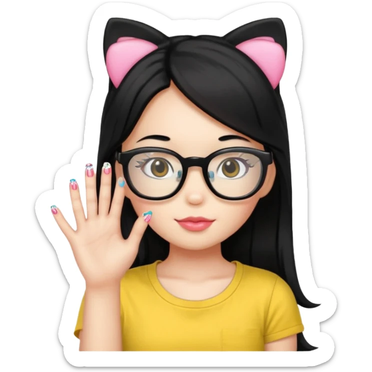 Nails cute with hello kitty wear glasses black long  hair wear, yellow shirt sticker