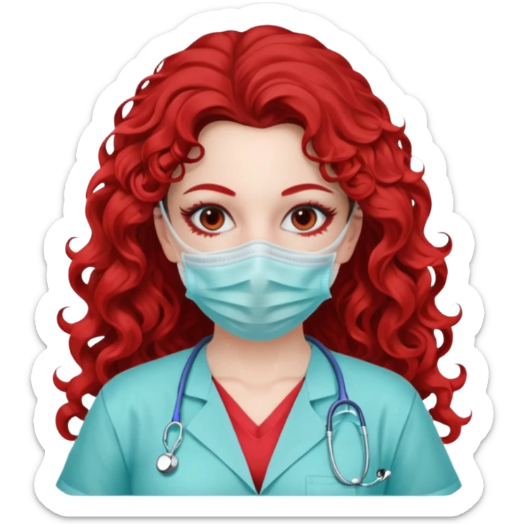 Lilith symbol seductress long curly hair evil surgeon.  brown hair. Red surgical mask.  covering. She works for cartel and kills  with a scalpel. Sexy surgeon outfit sticker
