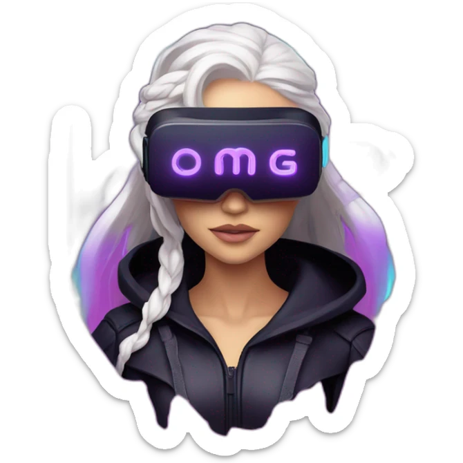Daenerys Targaryen wearing a black hoodie with "OMG" letters on it and VR headset in a cyberpunk VR environment with violet neon lighting. sticker