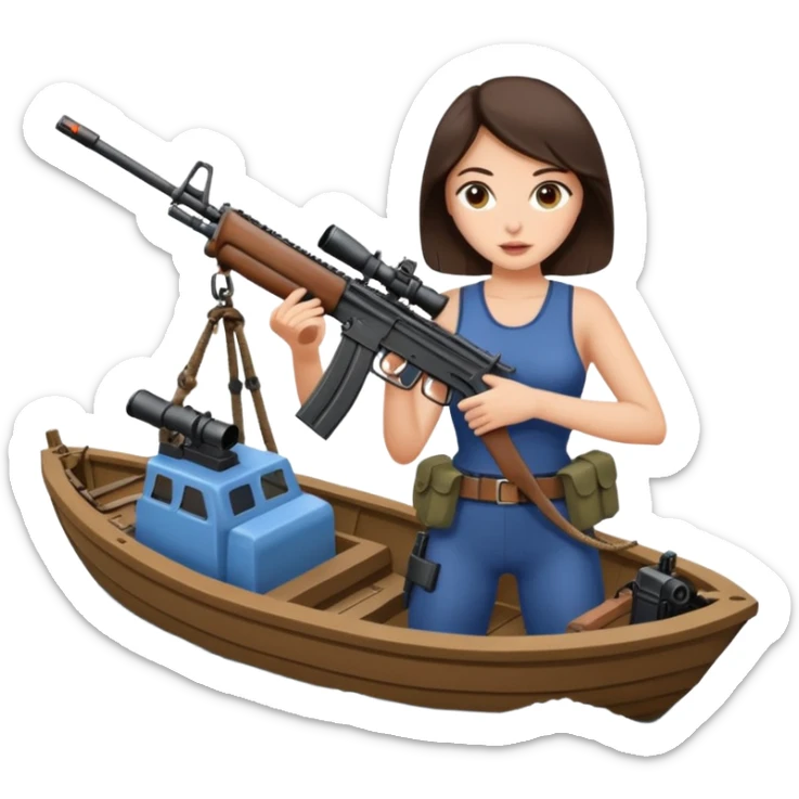 Sexy brunette with machine gun stopping migrants enter the UK on small boats crossing the channel  sticker