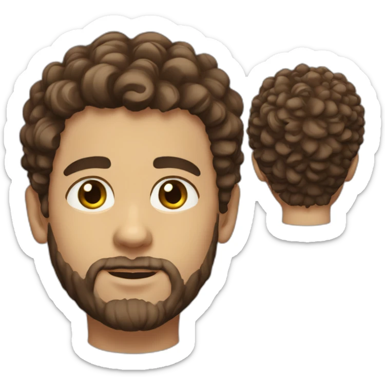 White boy, brown eyes, curly and brown hair on the top and short on the sides, and beard sticker