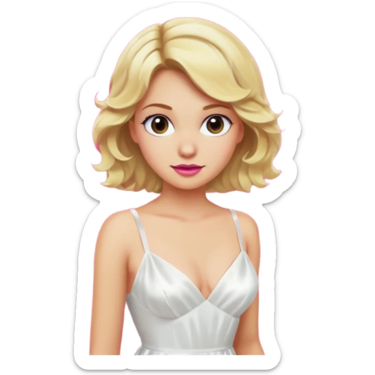 Bride with short wavy blonde hair, hot pink background and white silk chemise dress. Add fascia bacground sticker