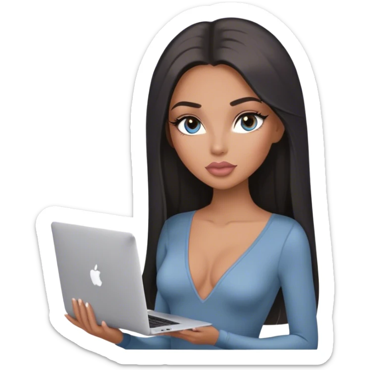 Glamours, tanned, very beautiful girl, with big pump peach-beige-rose lips, long lashes, black straight smooth silky long hair, straight parting hair, blue-grey eyes, in light-grey v-neck bodysuit holding MacBook sticker