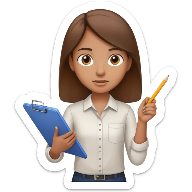 Intern or volunteer with brown hair holding a clipboard and pencil, ready to take notes or assist. The character wears a simple shirt and has an eager posture sticker